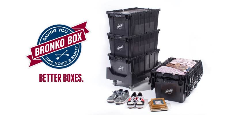 Stacks of durable Bronko Box plastic moving bins